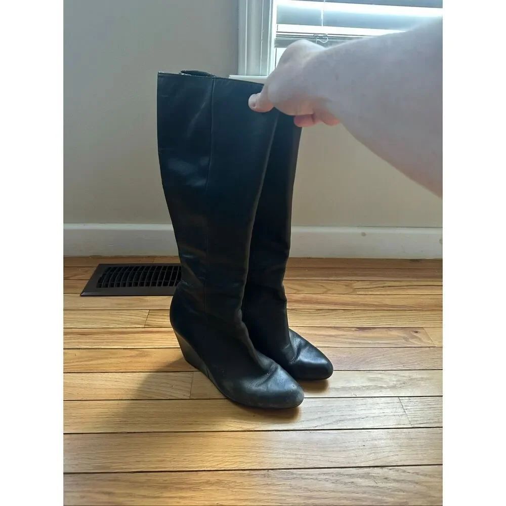 Via Spiga Black Leather Knee High Wedge Boots Made in Italy Women’s Size 9.5
